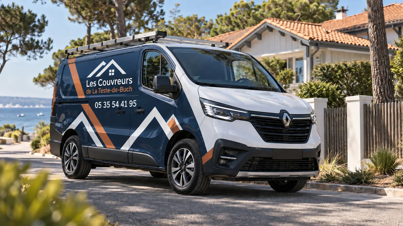 Camionnette des Couvreurs de La Teste-de-Buch garée devant une maison du Bassin d'Arcachon
