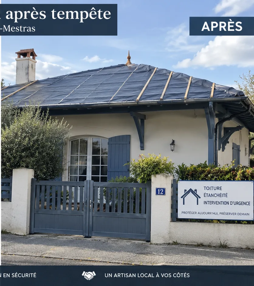 Toiture réparée avec faîtage et solins neufs après tempête à Gujan-Mestras