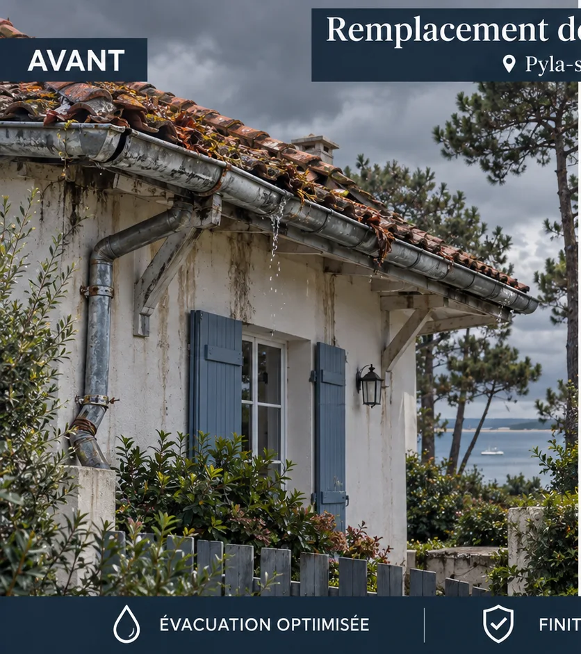 Gouttière rouillée remplie d'aiguilles de pin avant intervention au Pyla-sur-Mer